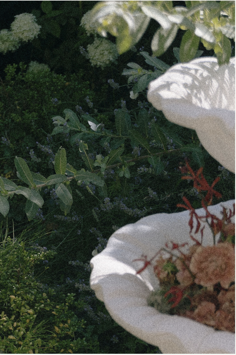 Zarte Blumen auf weißen Tischtüchern im grünen Garten